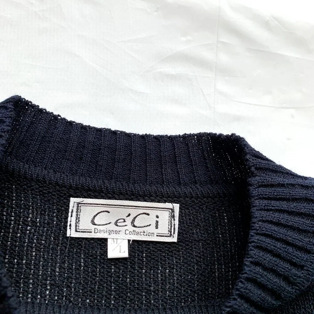 Vintage Ce'Ci Sweater Womens‎ M/L Black Crochet Chunky Knit Linen Blend Boho NEW
